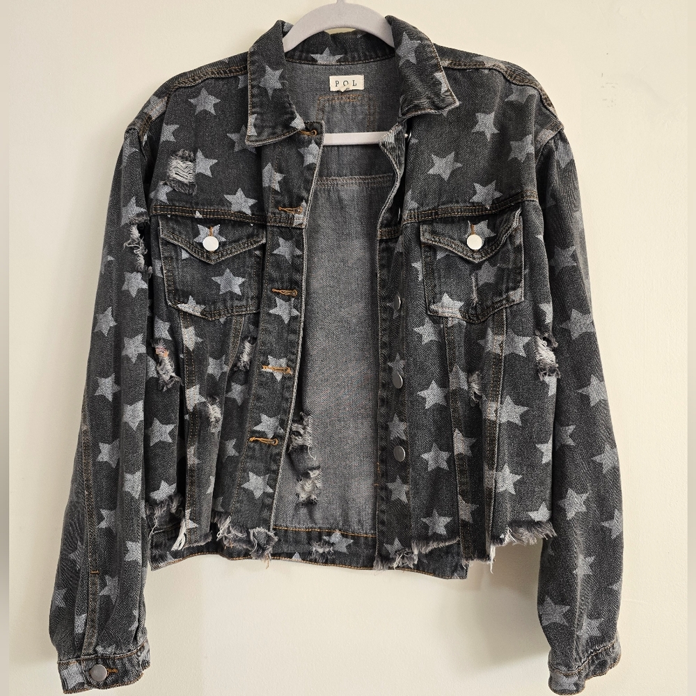 Pol Star Patterned Denim Distressed Jacket Size L… - image 5